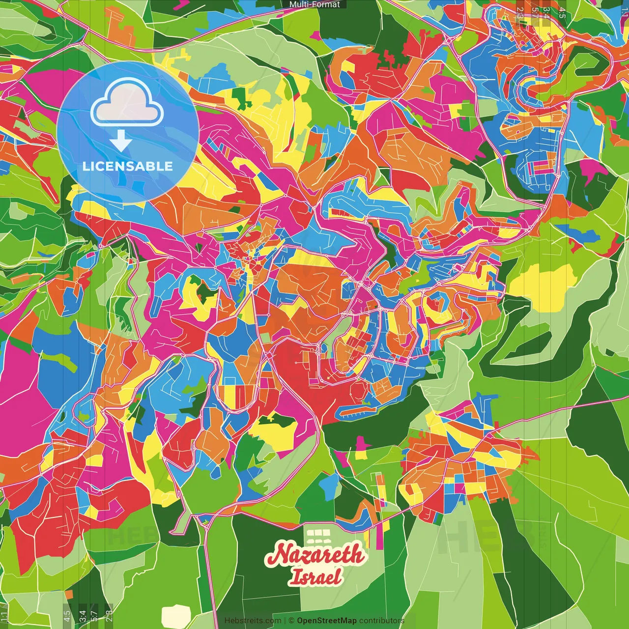Nazareth, North, Israel Crazy Colorful Street Map Poster Template