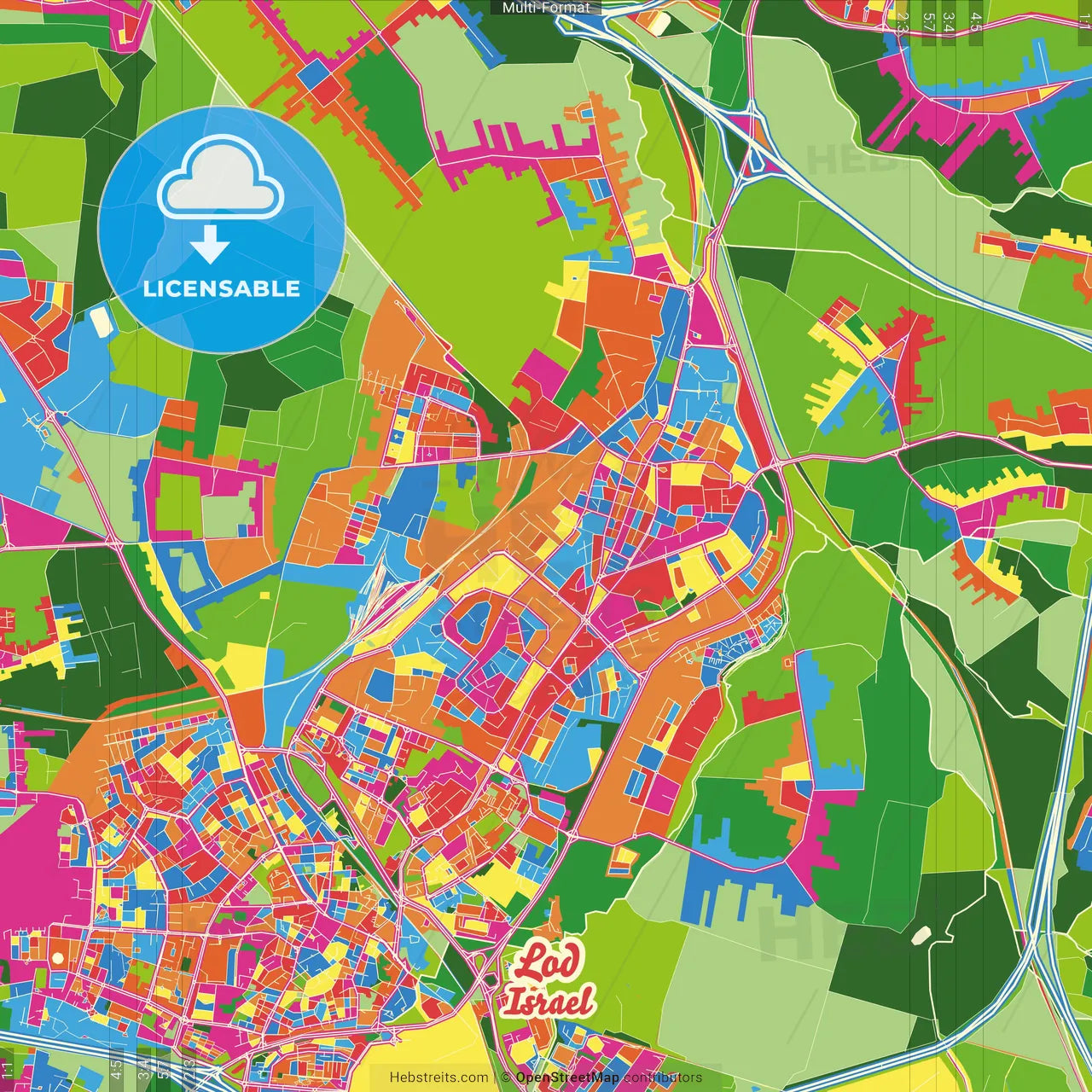 Lod, Center, Israel Crazy Colorful Street Map Poster Template