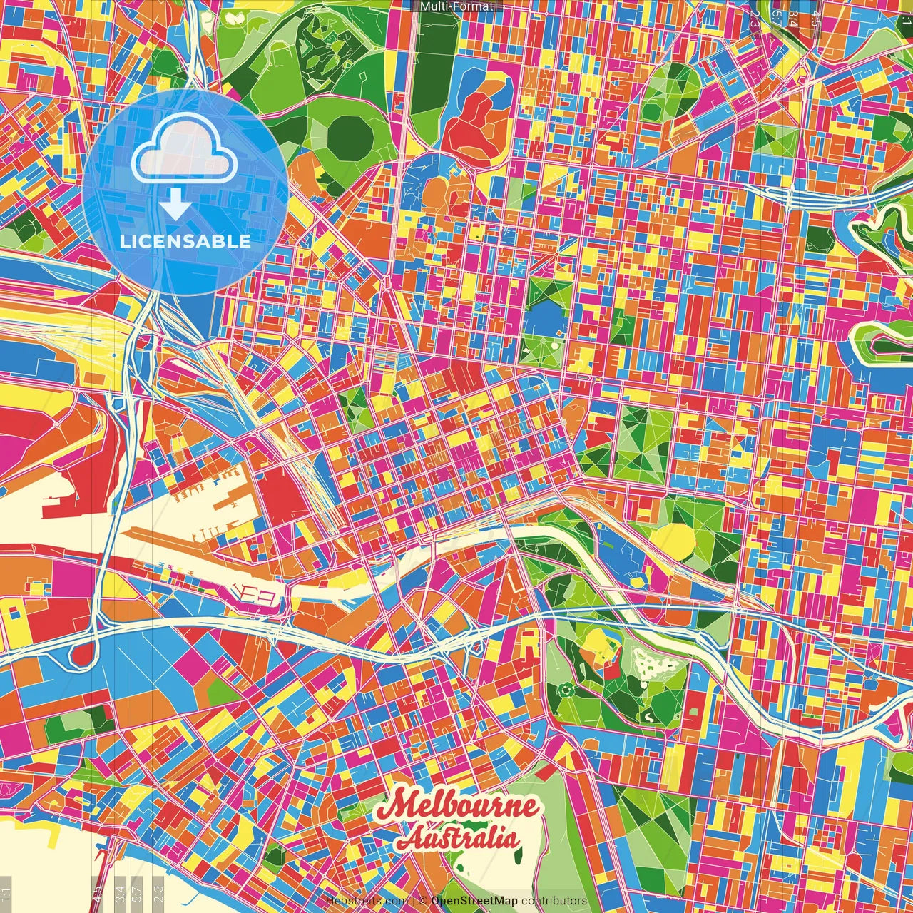 Melbourne, Victoria, Australia Crazy Colorful Street Map Poster Template
