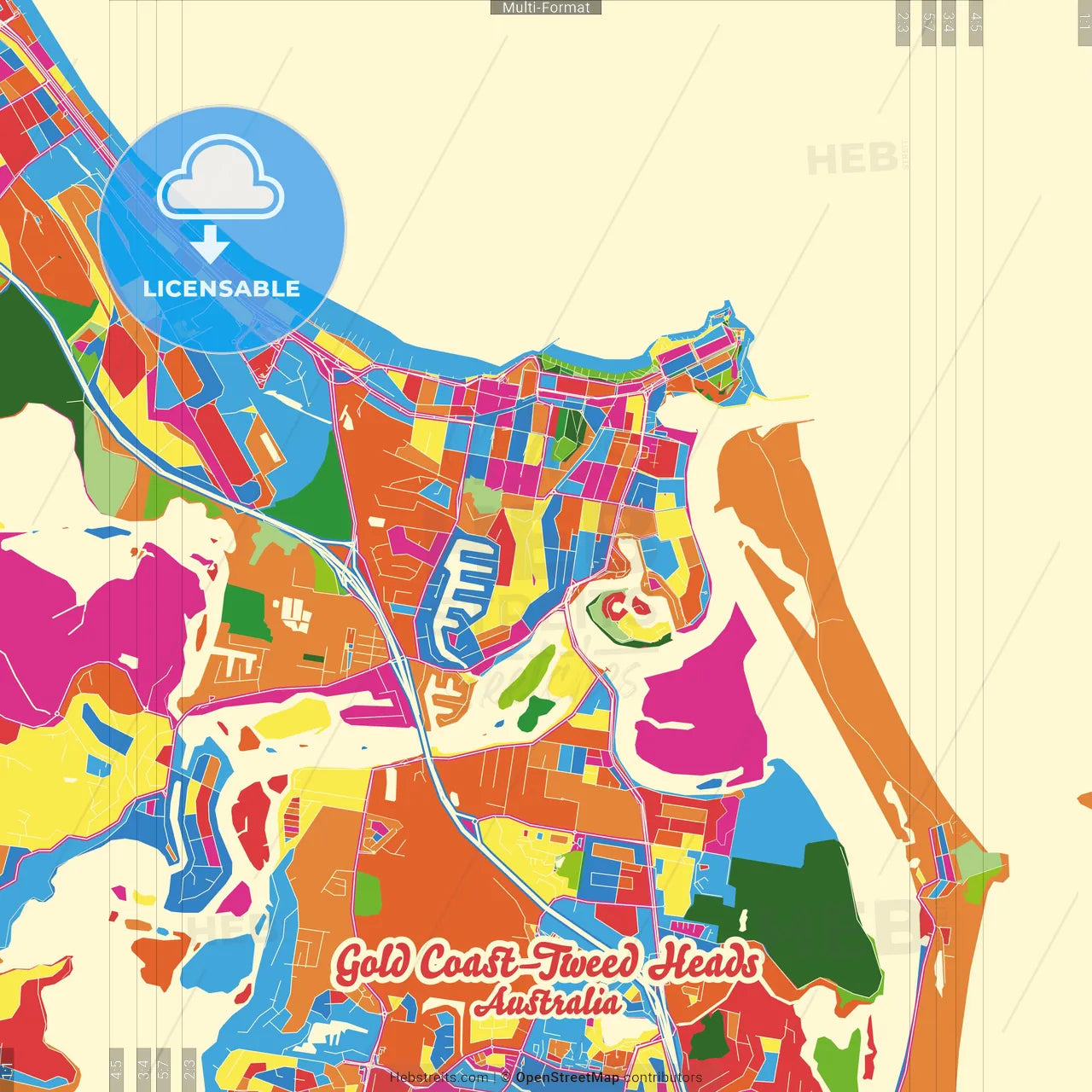 Gold Coast–Tweed Heads, Queensland/New South Wales, Australia Crazy Colorful Street Map Poster Template