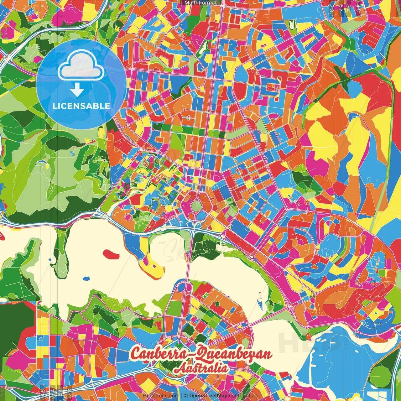 Canberra–Queanbeyan, Australian Capital Territory, Australia Crazy Colorful Street Map Poster Template