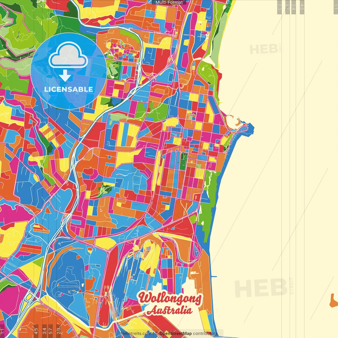 Wollongong, New South Wales, Australia Crazy Colorful Street Map Poster Template