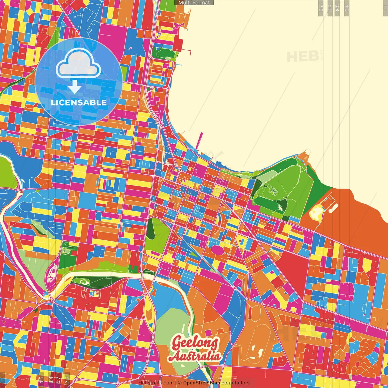 Geelong, Victoria, Australia Crazy Colorful Street Map Poster Template