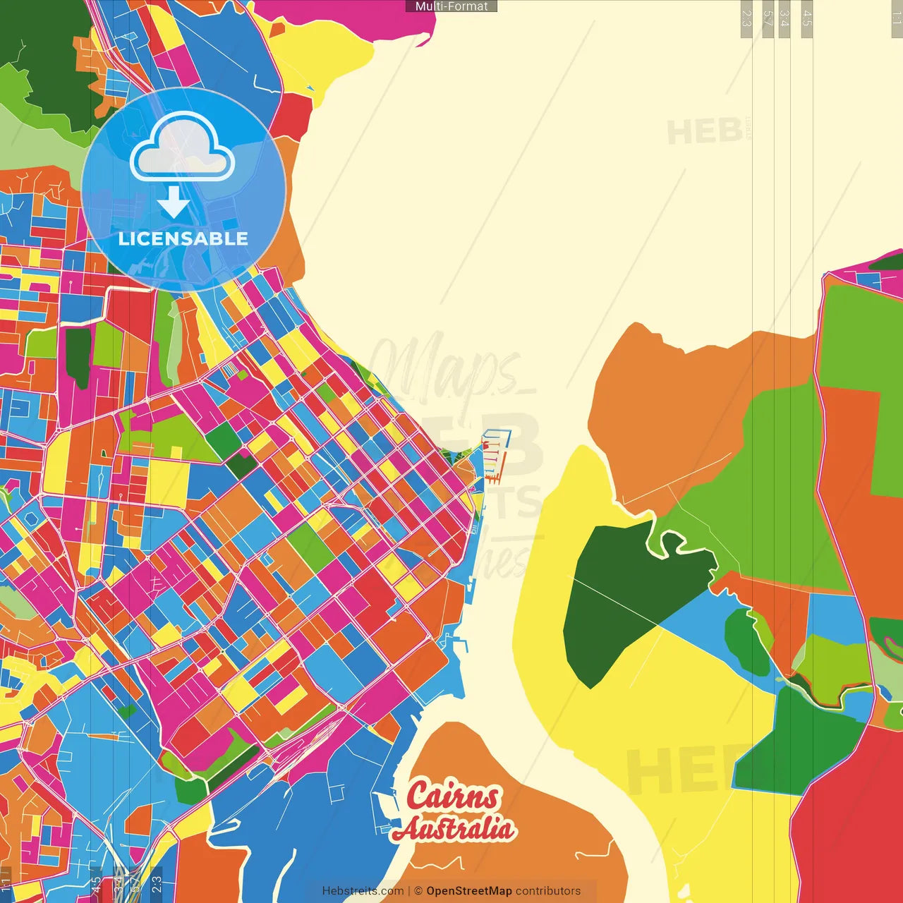 Cairns, Queensland, Australia Crazy Colorful Street Map Poster Template