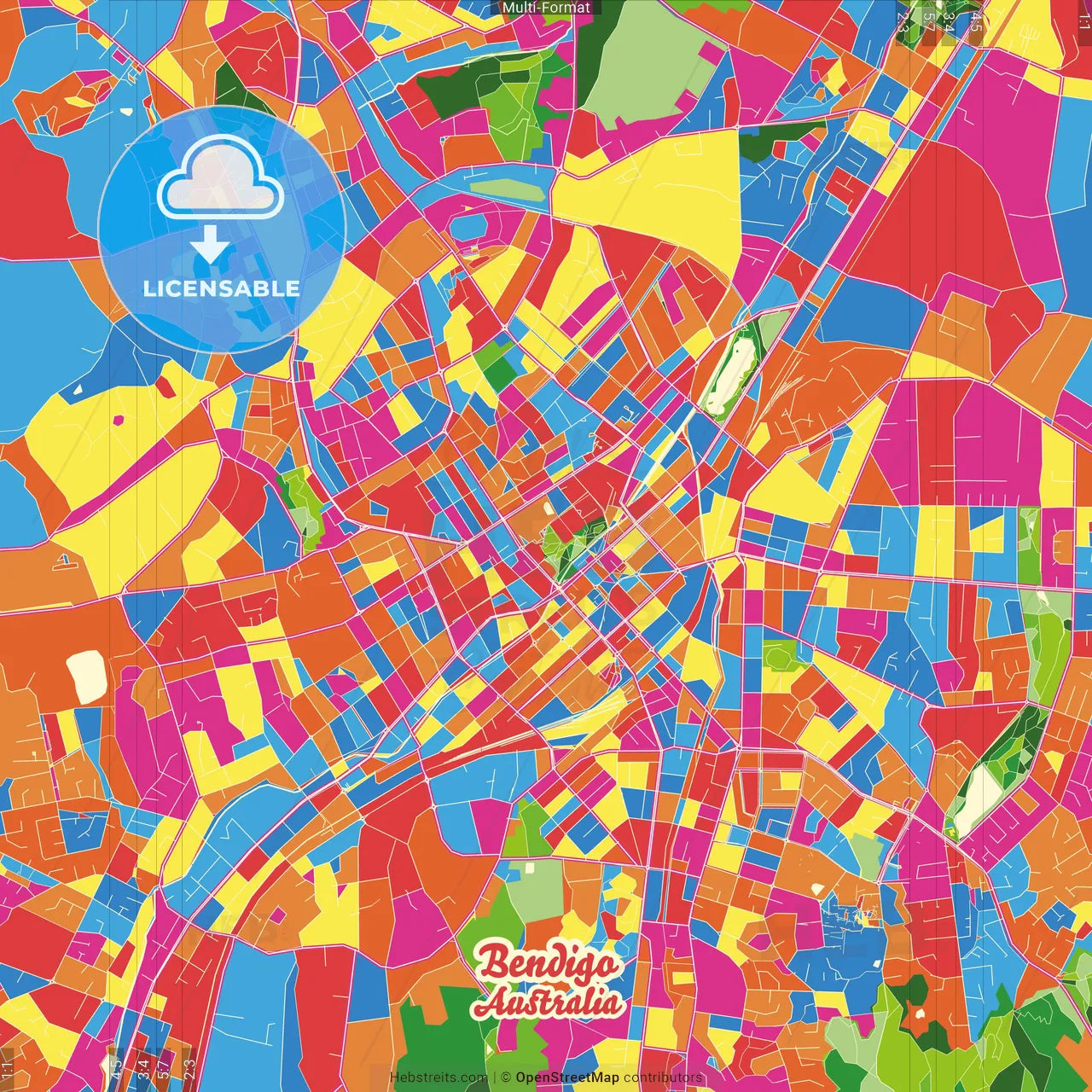 Bendigo, Victoria, Australia Crazy Colorful Street Map Poster Template