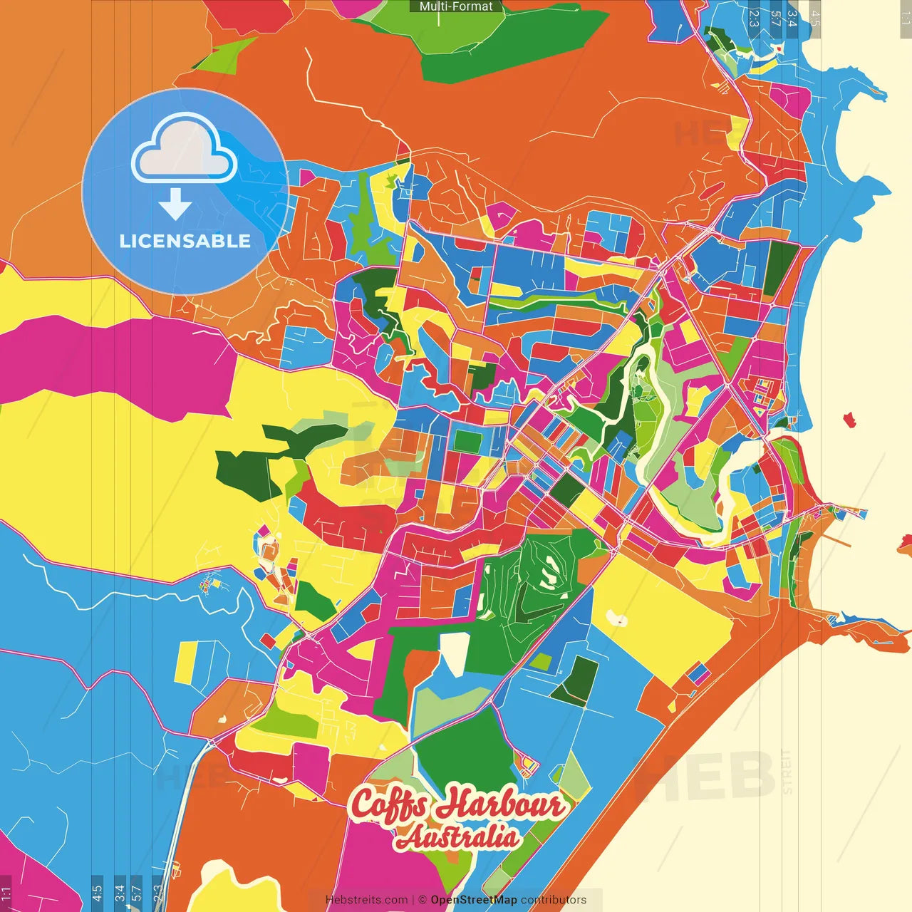 Coffs Harbour, New South Wales, Australia Crazy Colorful Street Map Poster Template
