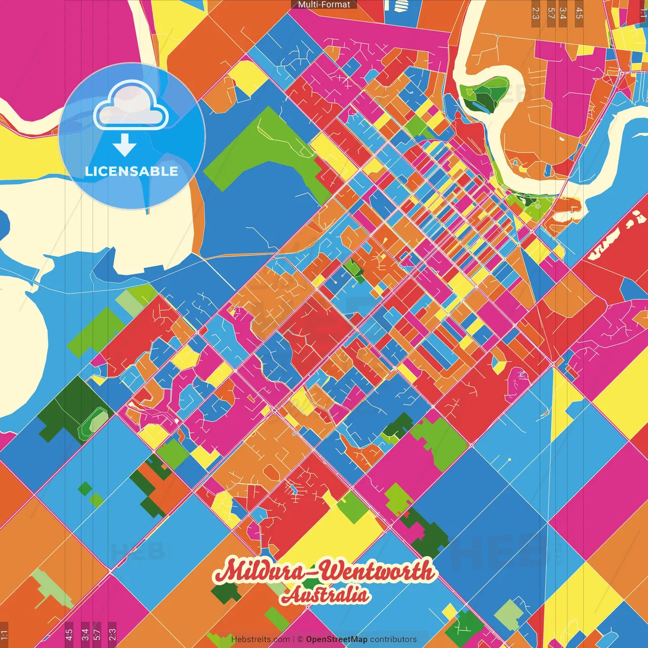 Mildura–Wentworth, New South Wales, Australia Crazy Colorful Street Map Poster Template