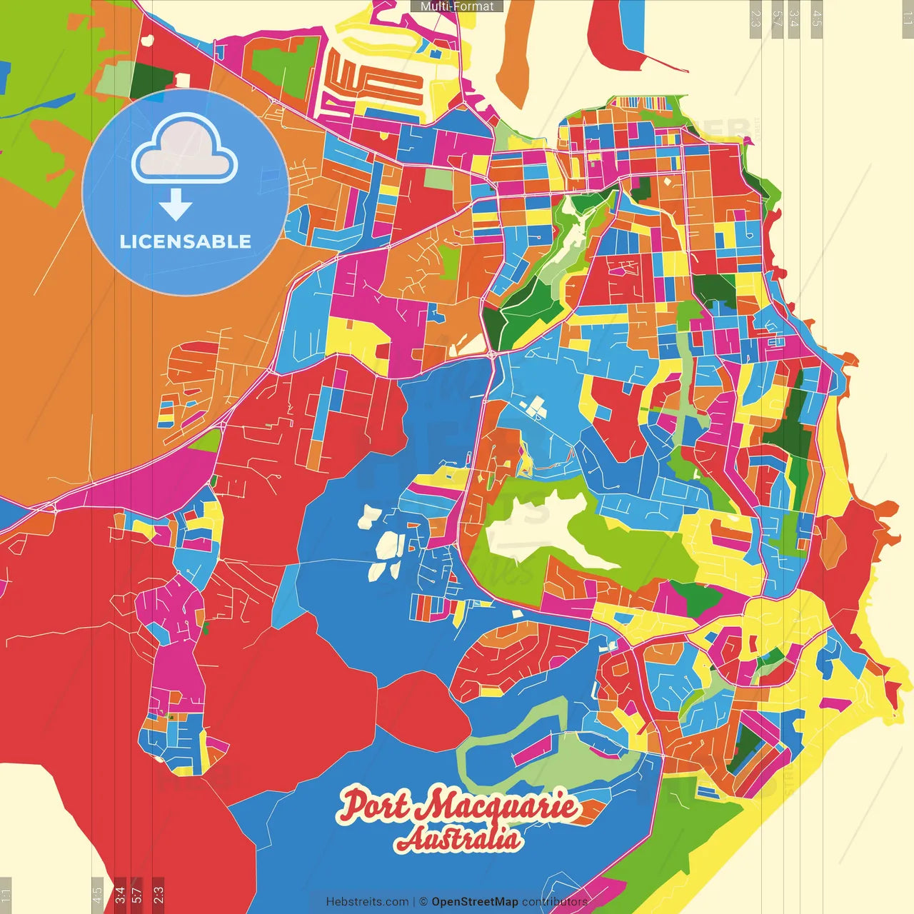 Port Macquarie, New South Wales, Australia Crazy Colorful Street Map Poster Template