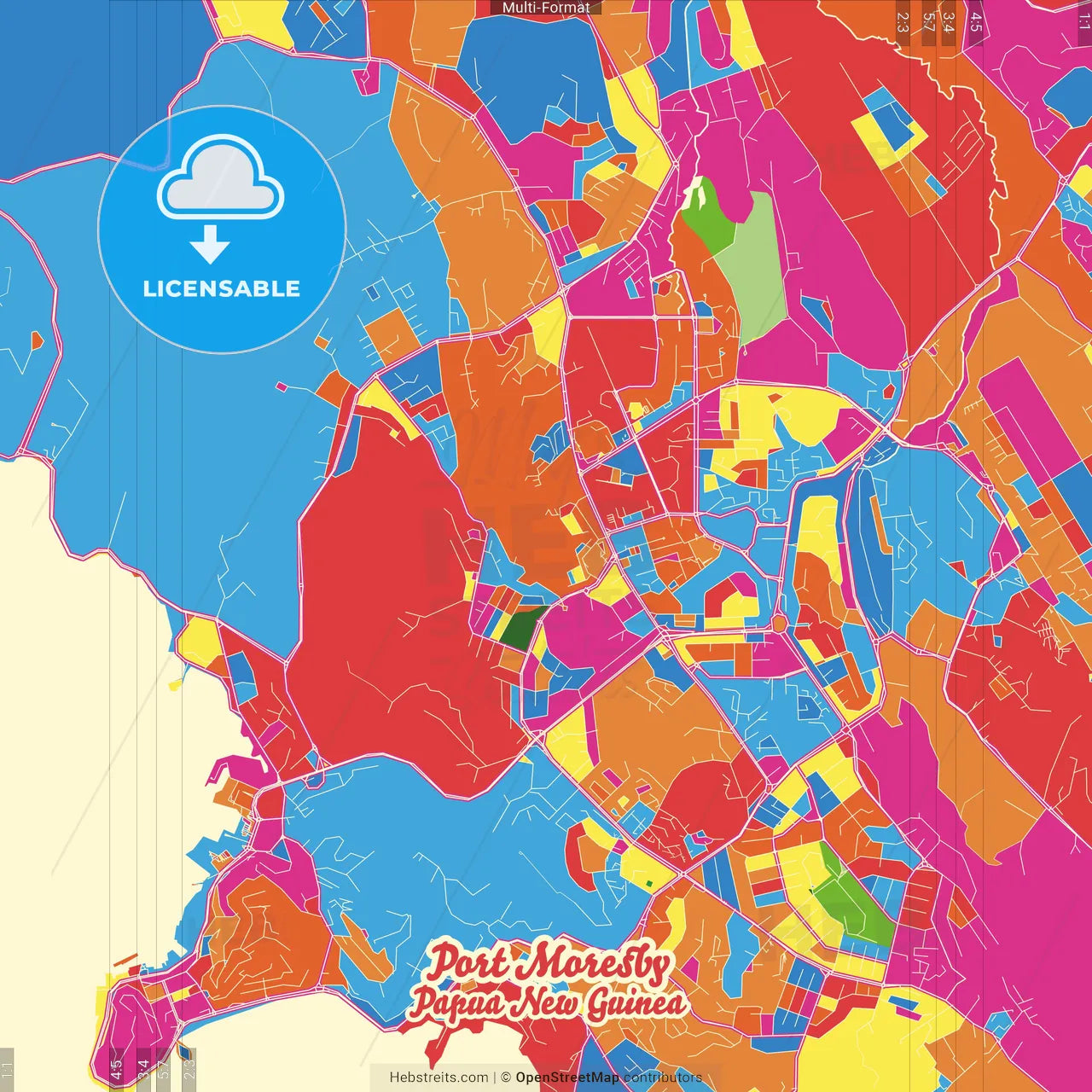 Port Moresby, National Capital District, Papua New Guinea Crazy Colorful Street Map Poster Template