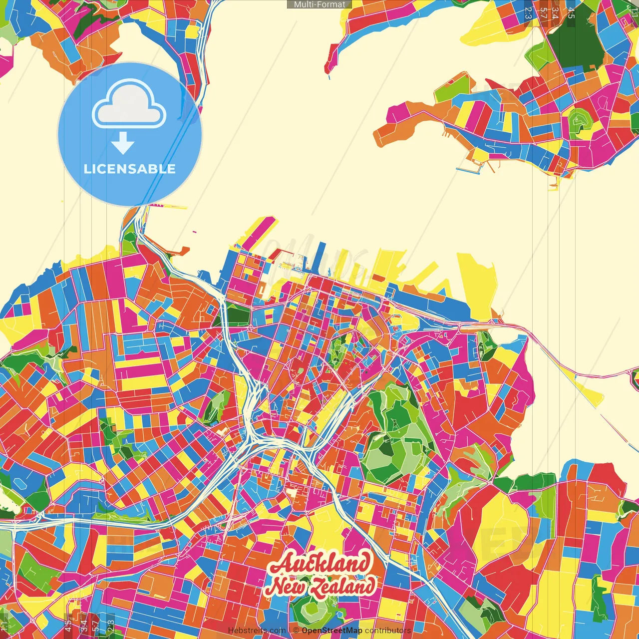 Auckland, New Zealand Crazy Colorful Street Map Poster Template