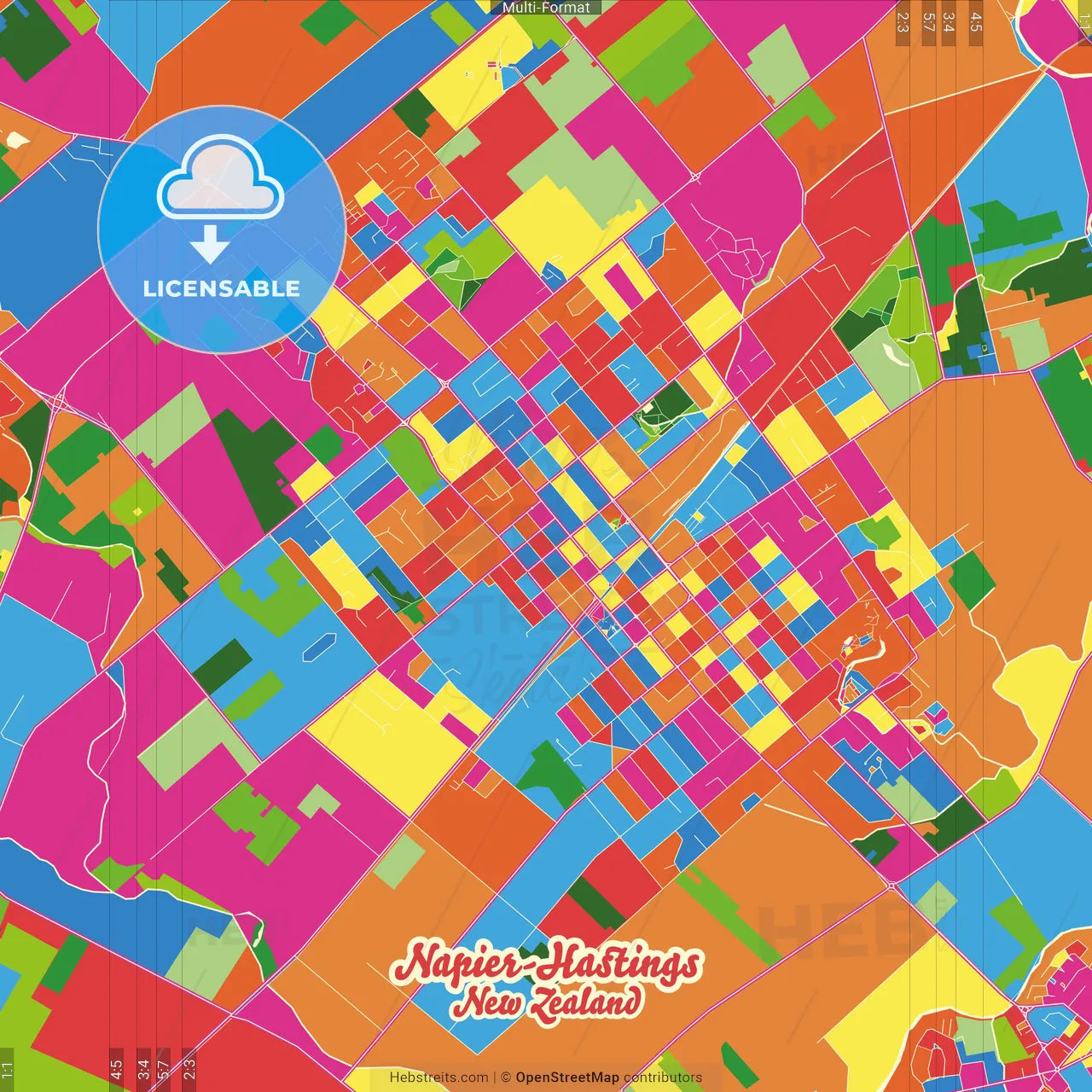 Napier-Hastings, New Zealand Crazy Colorful Street Map Poster Template