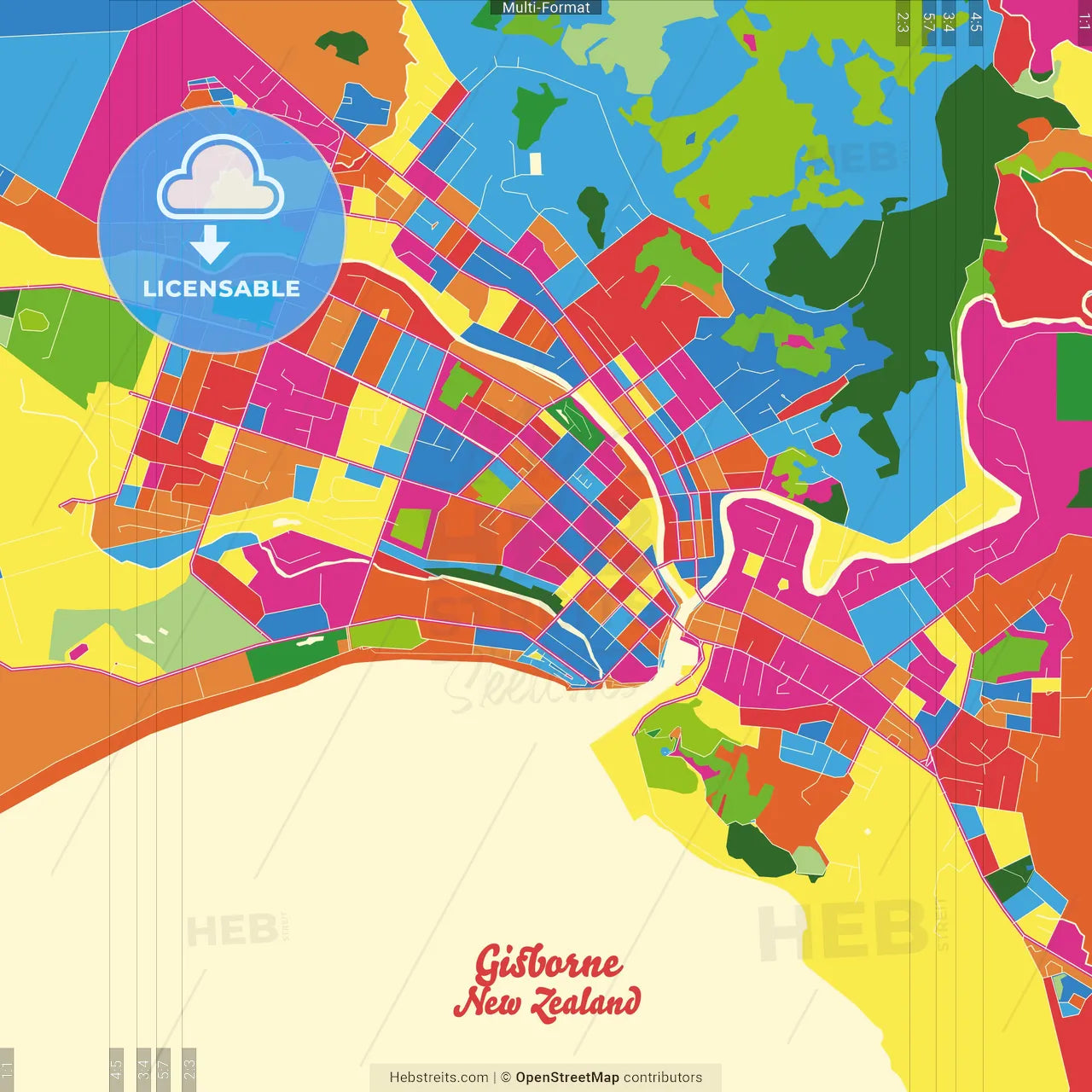 Gisborne, New Zealand Crazy Colorful Street Map Poster Template