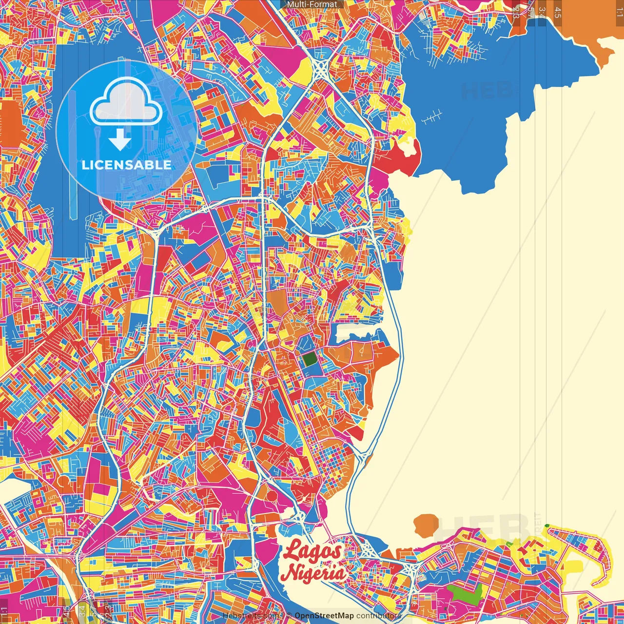 Lagos, Nigeria Crazy Colorful Street Map Poster Template