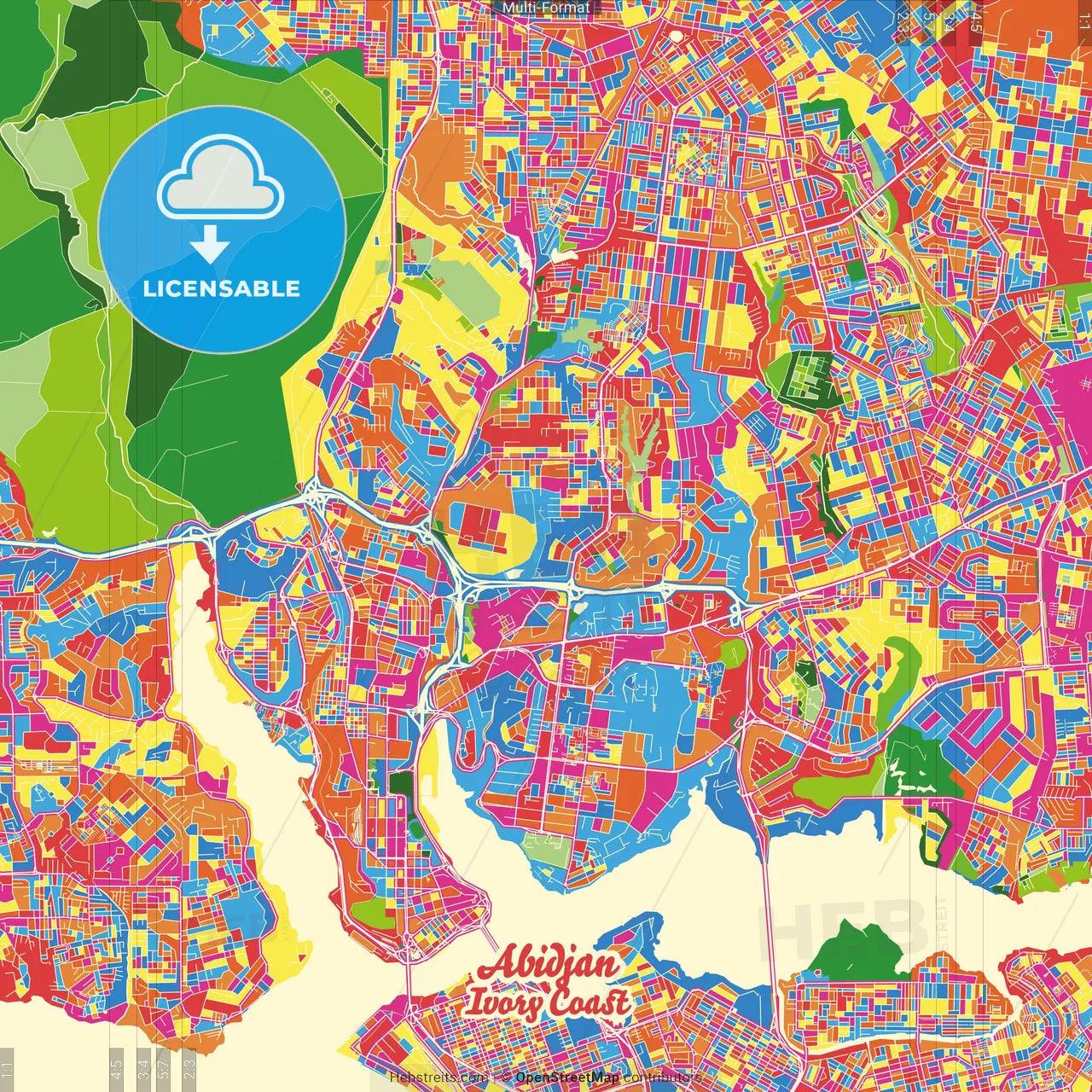 Abidjan, Ivory Coast Crazy Colorful Street Map Poster Template