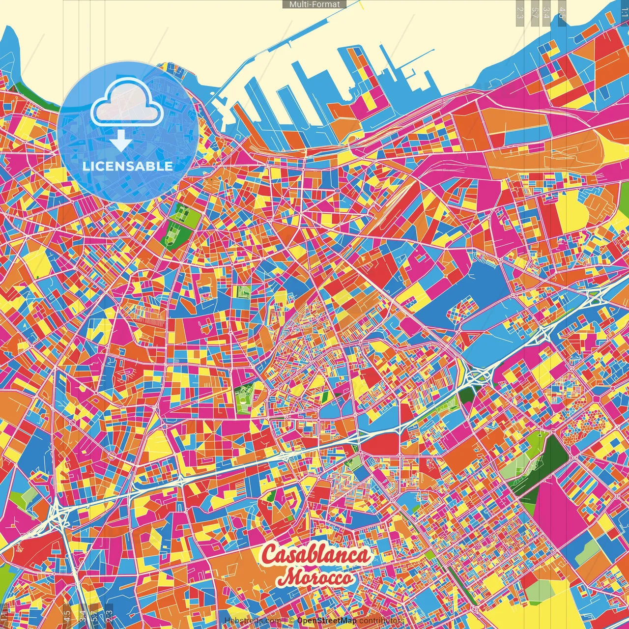 Casablanca, Morocco Crazy Colorful Street Map Poster Template