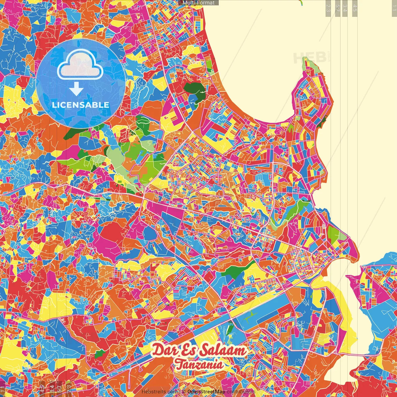 Dar es Salaam, Tanzania Crazy Colorful Street Map Poster Template