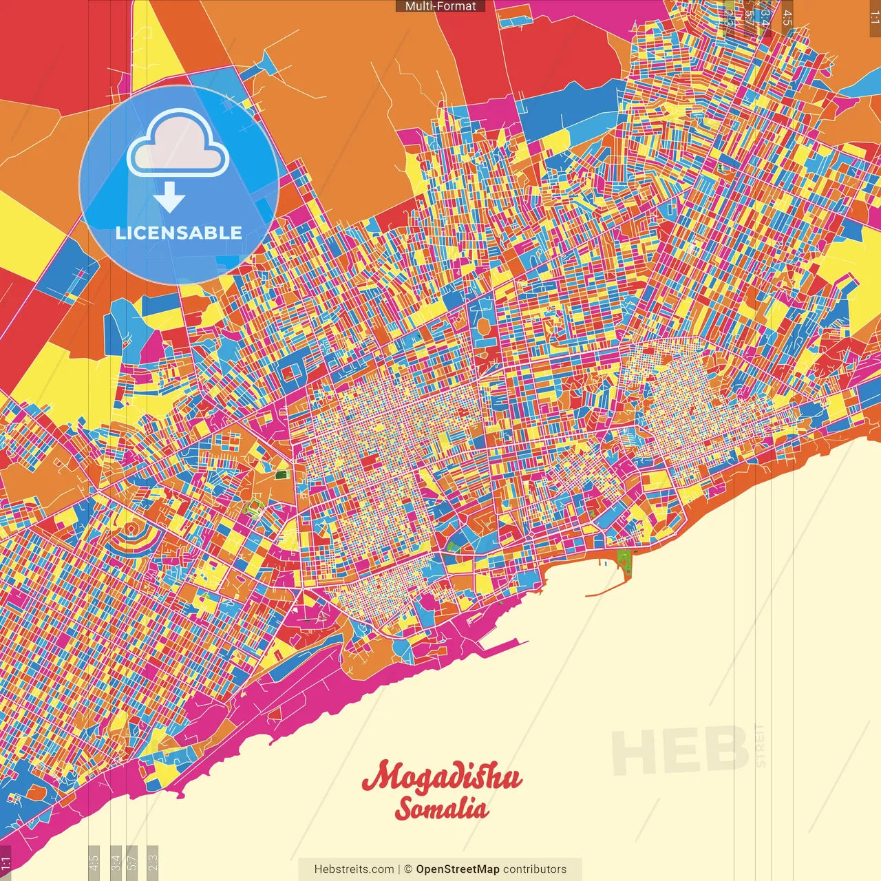Mogadishu, Somalia Crazy Colorful Street Map Poster Template