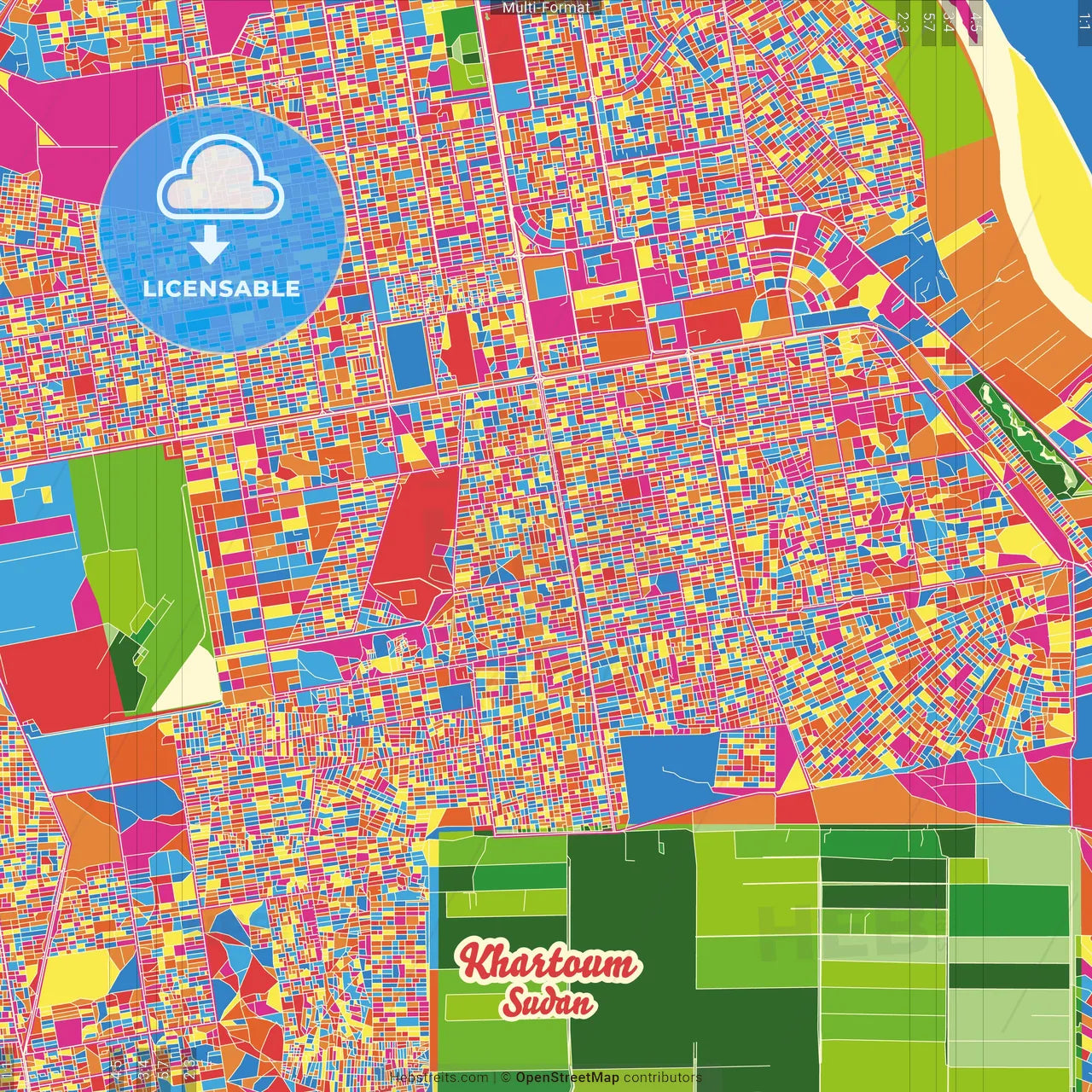 Khartoum, Sudan Crazy Colorful Street Map Poster Template