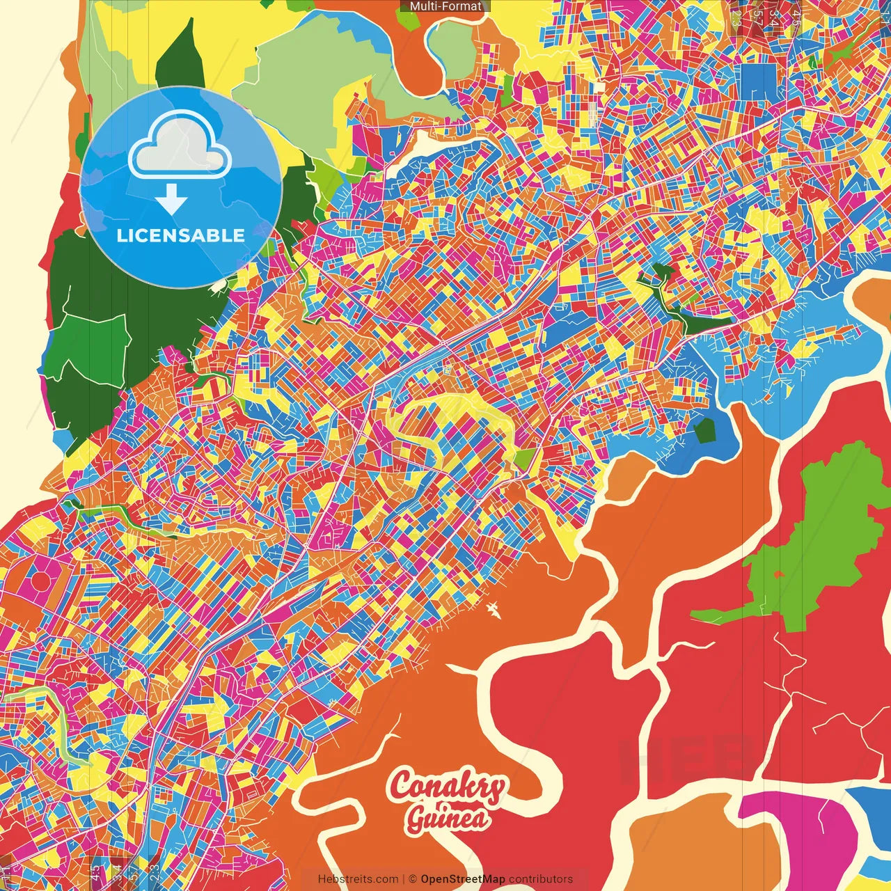 Conakry, Guinea Crazy Colorful Street Map Poster Template