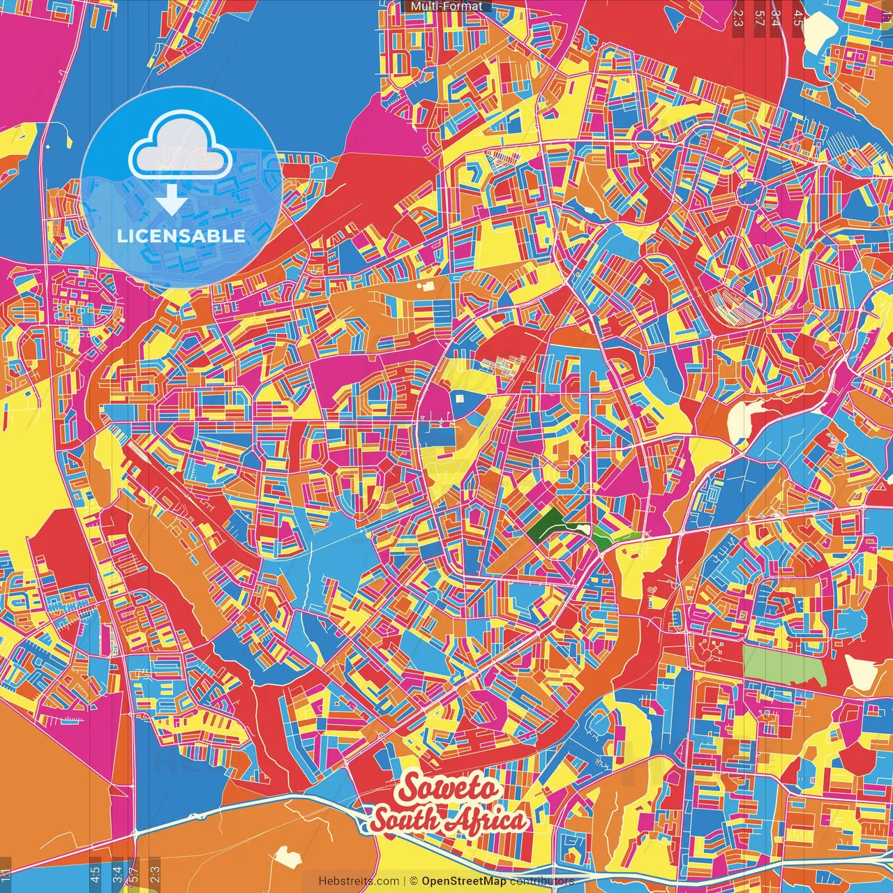 Soweto, South Africa Crazy Colorful Street Map Poster Template