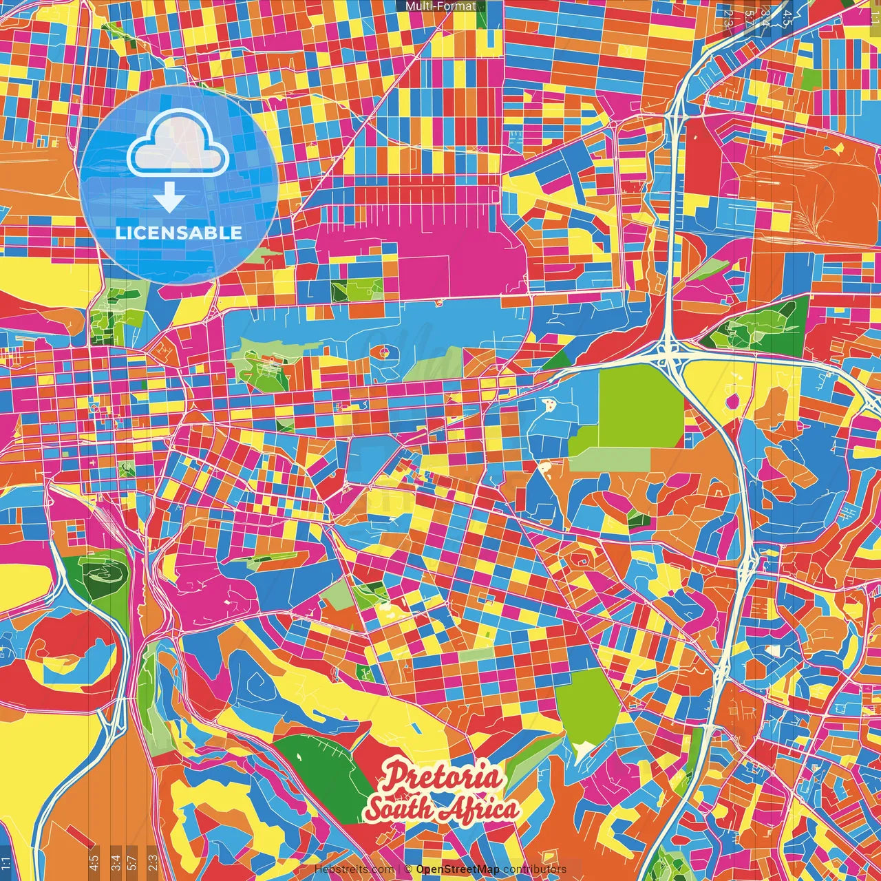 Pretoria, South Africa Crazy Colorful Street Map Poster Template