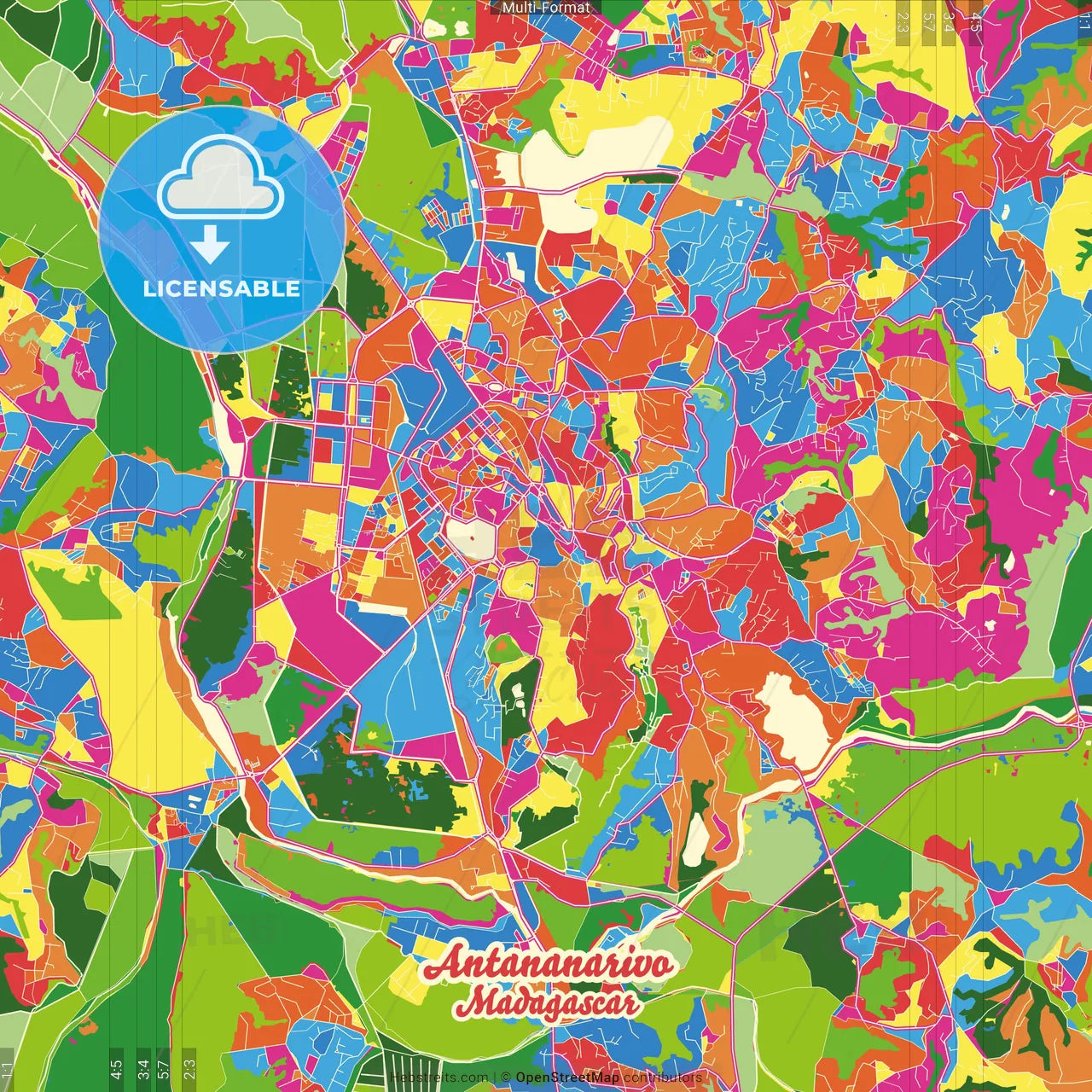 Antananarivo, Madagascar Crazy Colorful Street Map Poster Template