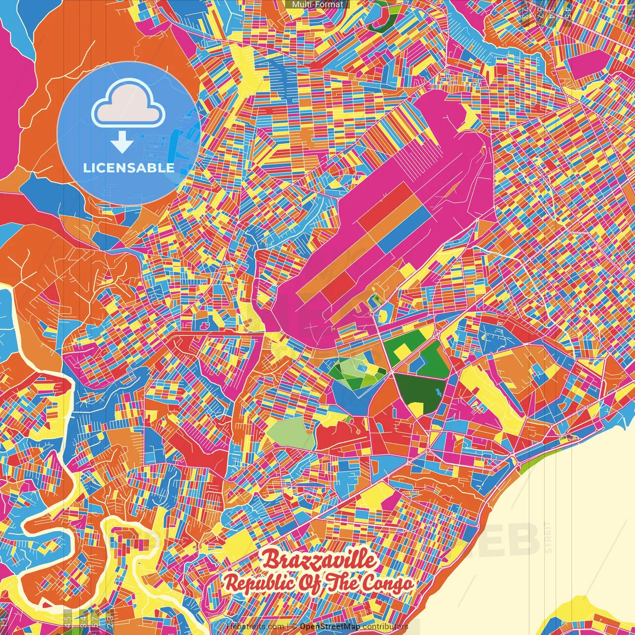 Brazzaville, Republic Of The Congo Crazy Colorful Street Map Poster Template