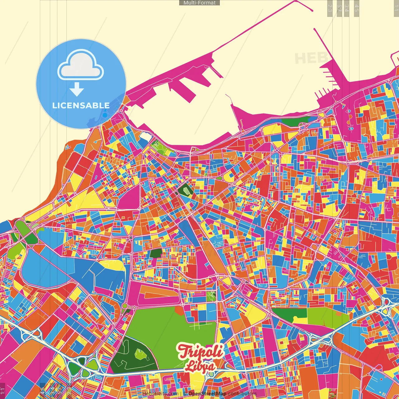 Tripoli, Libya Crazy Colorful Street Map Poster Template