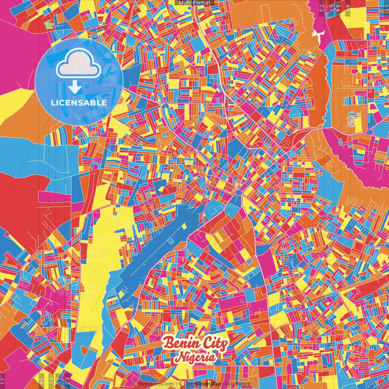 Benin City, Nigeria Crazy Colorful Street Map Poster Template