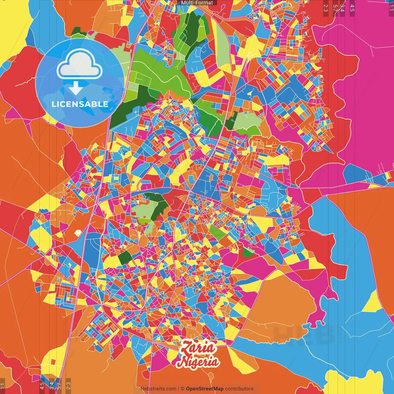 Zaria, Nigeria Crazy Colorful Street Map Poster Template
