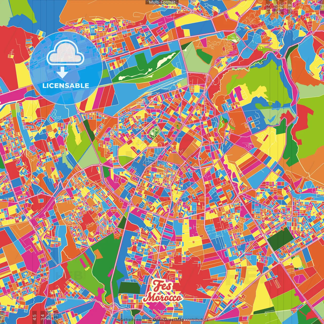 Fes, Morocco Crazy Colorful Street Map Poster Template