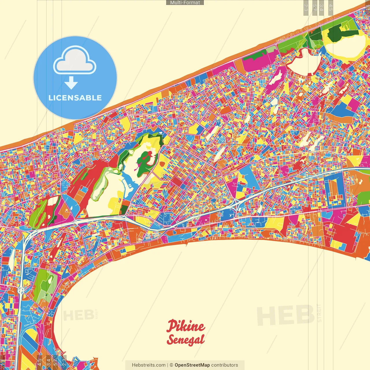 Pikine, Senegal Crazy Colorful Street Map Poster Template