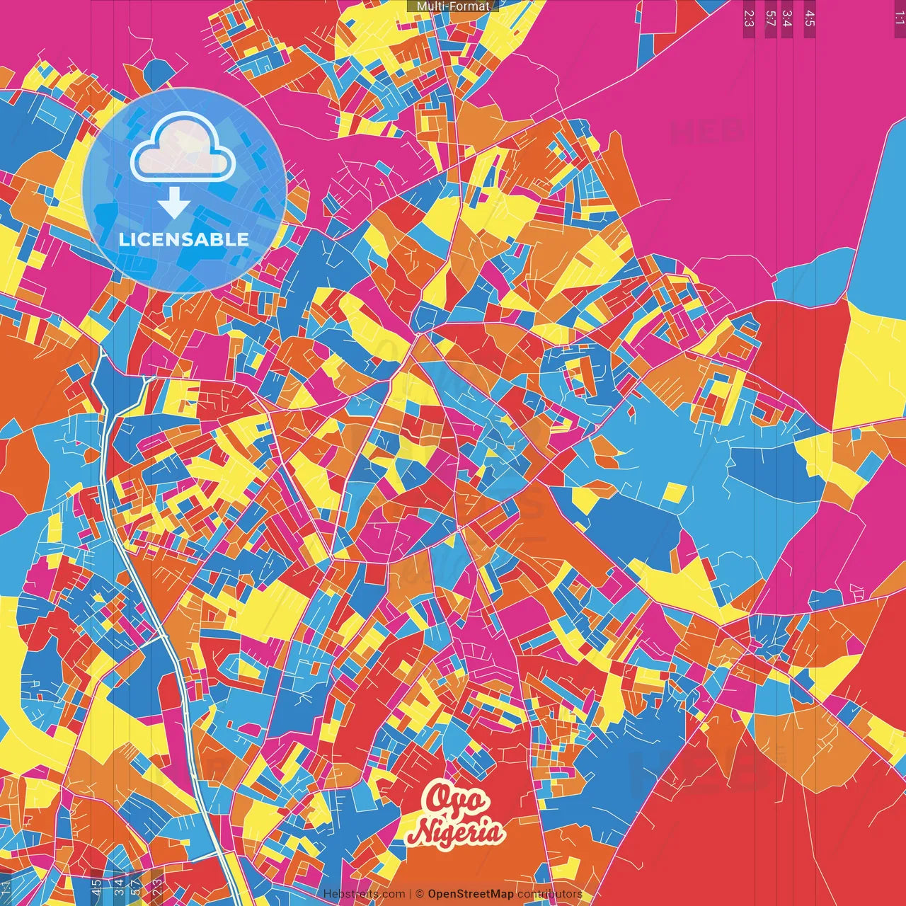 Oyo, Nigeria Crazy Colorful Street Map Poster Template
