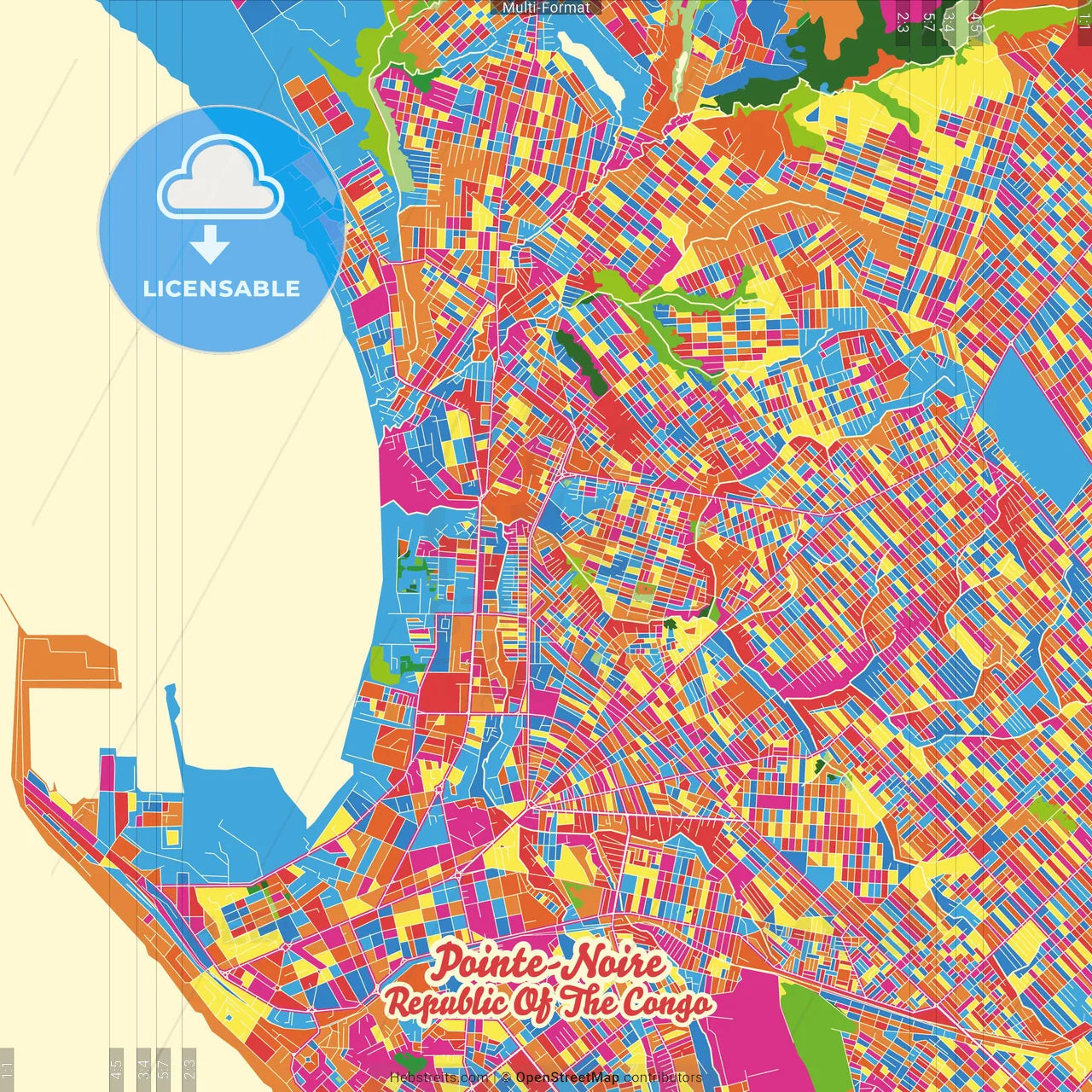 Pointe-Noire, Republic Of The Congo Crazy Colorful Street Map Poster Template