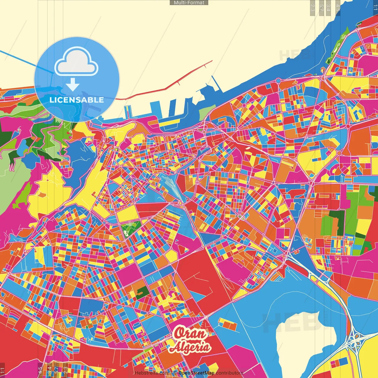 Oran, Algeria Crazy Colorful Street Map Poster Template