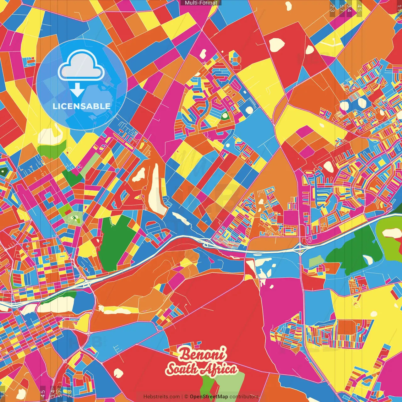 Benoni, South Africa Crazy Colorful Street Map Poster Template