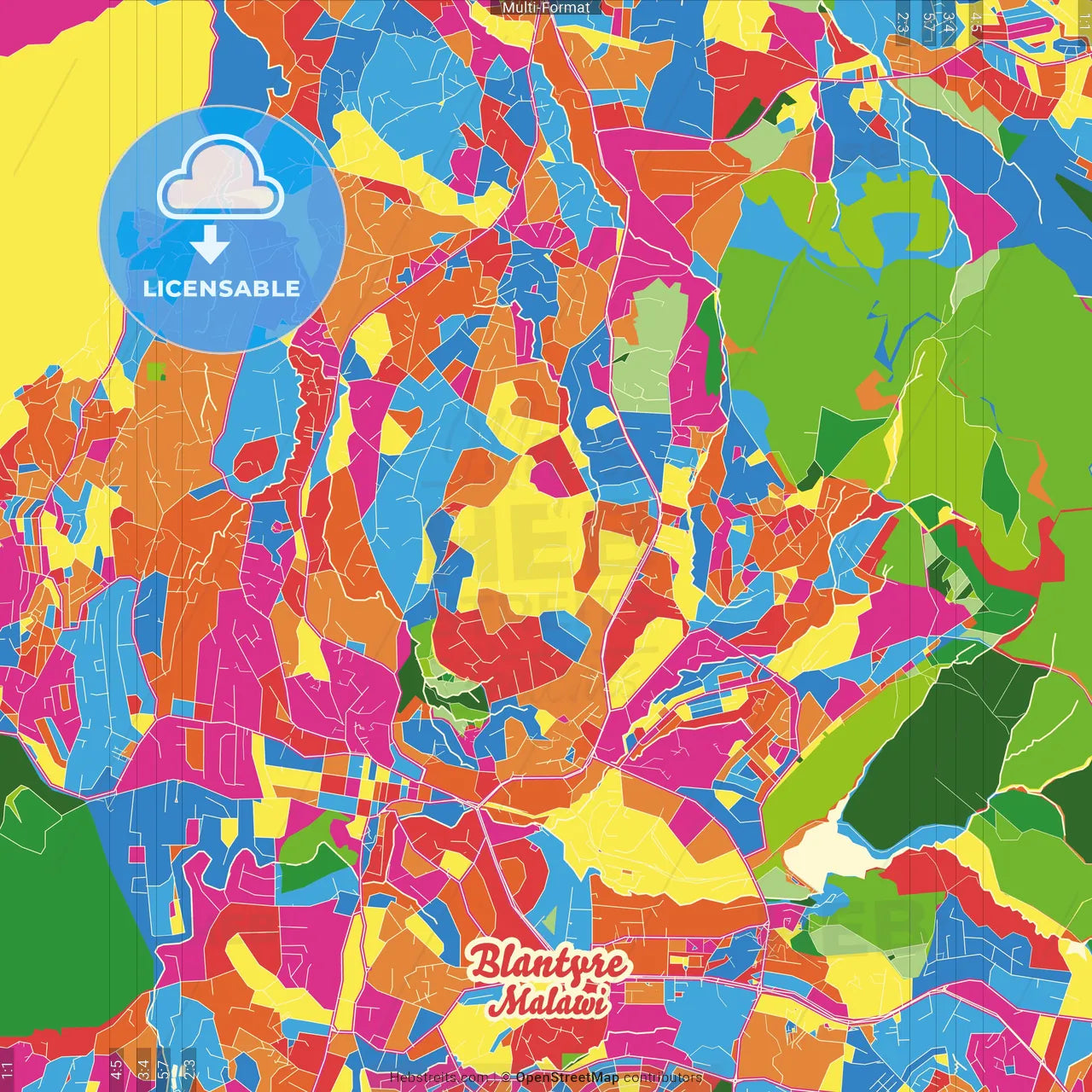 Blantyre, Malawi Crazy Colorful Street Map Poster Template