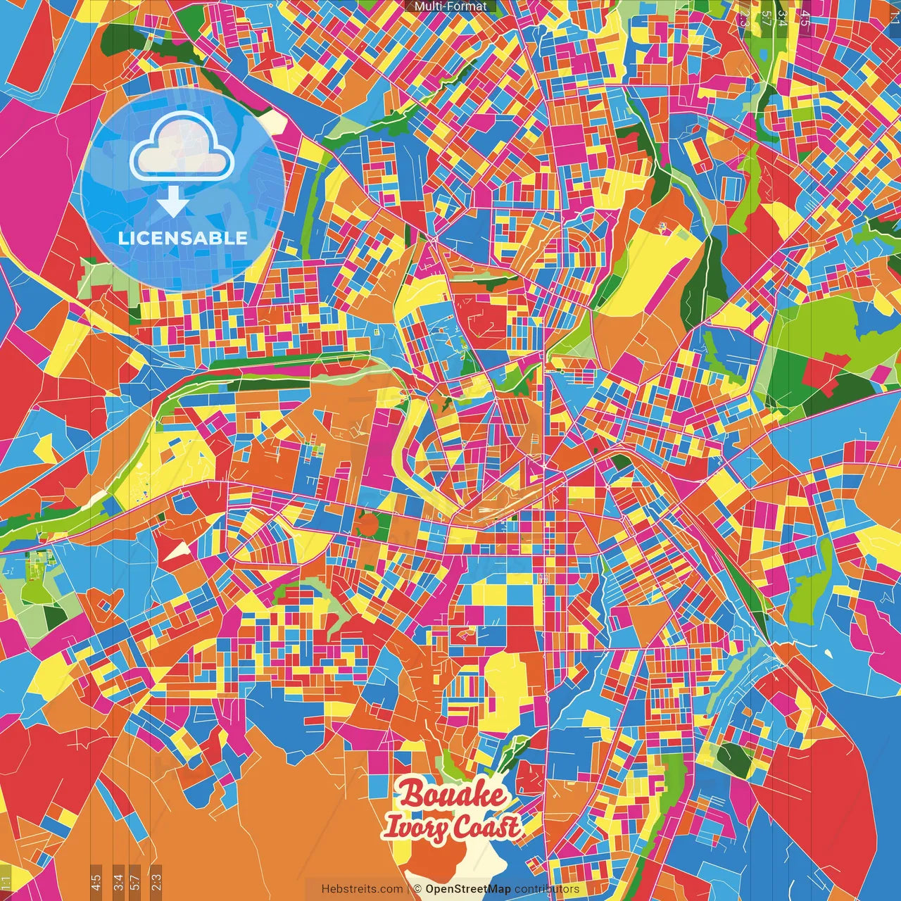 Bouake, Ivory Coast Crazy Colorful Street Map Poster Template