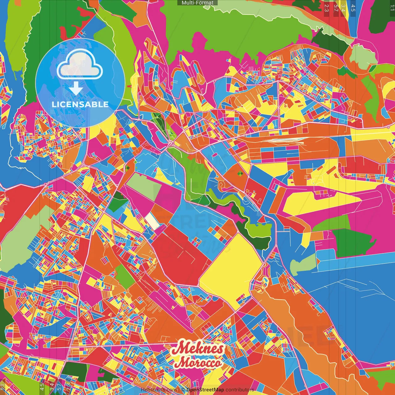 Meknes, Morocco Crazy Colorful Street Map Poster Template