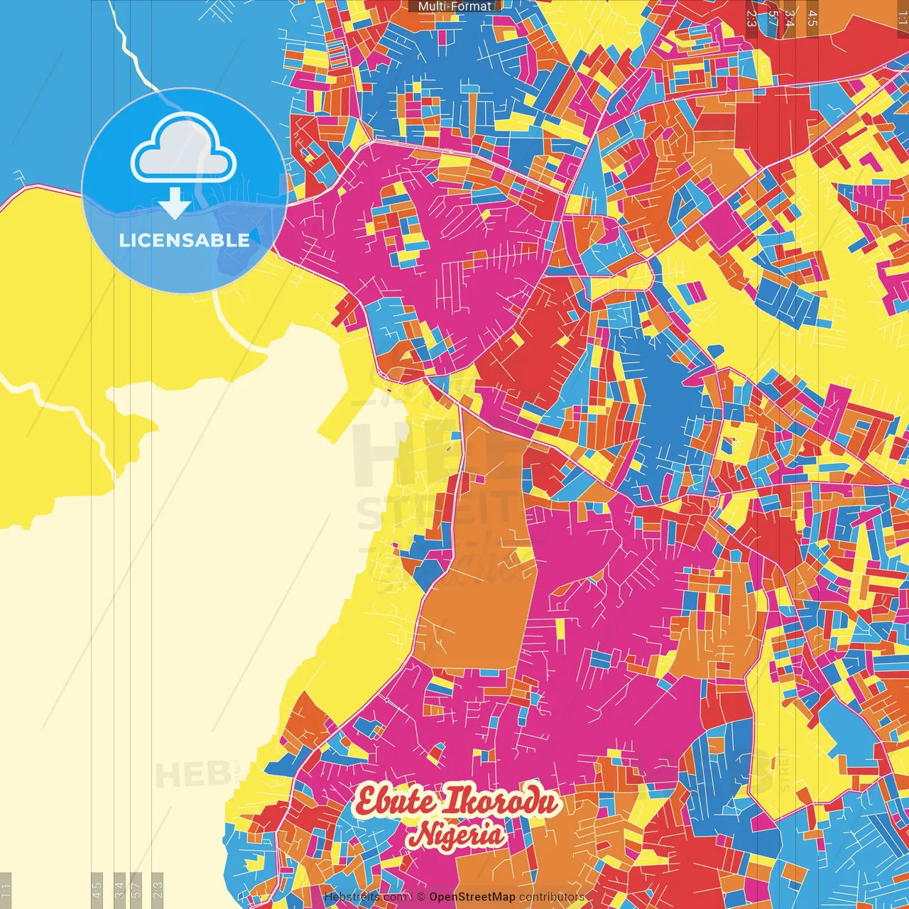 Ebute Ikorodu, Nigeria Crazy Colorful Street Map Poster Template