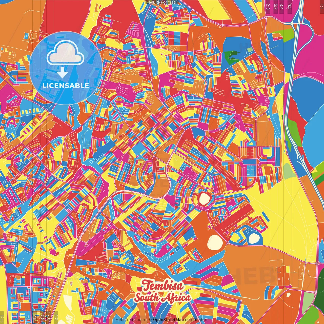 Tembisa, South Africa Crazy Colorful Street Map Poster Template