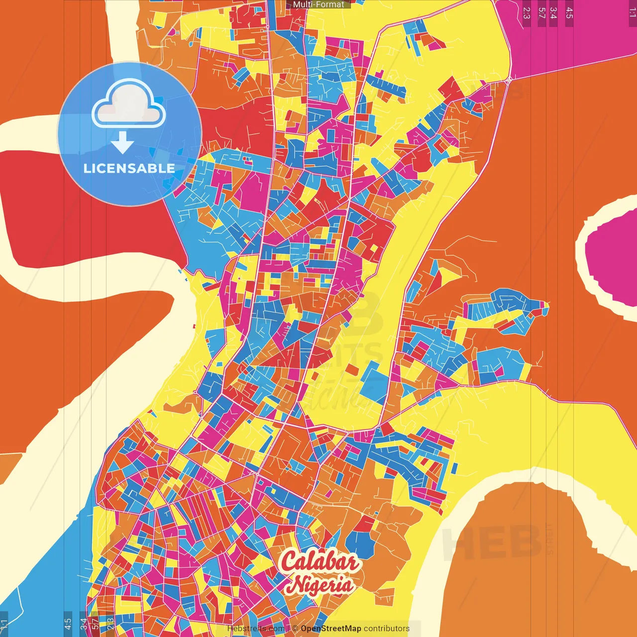 Calabar, Nigeria Crazy Colorful Street Map Poster Template