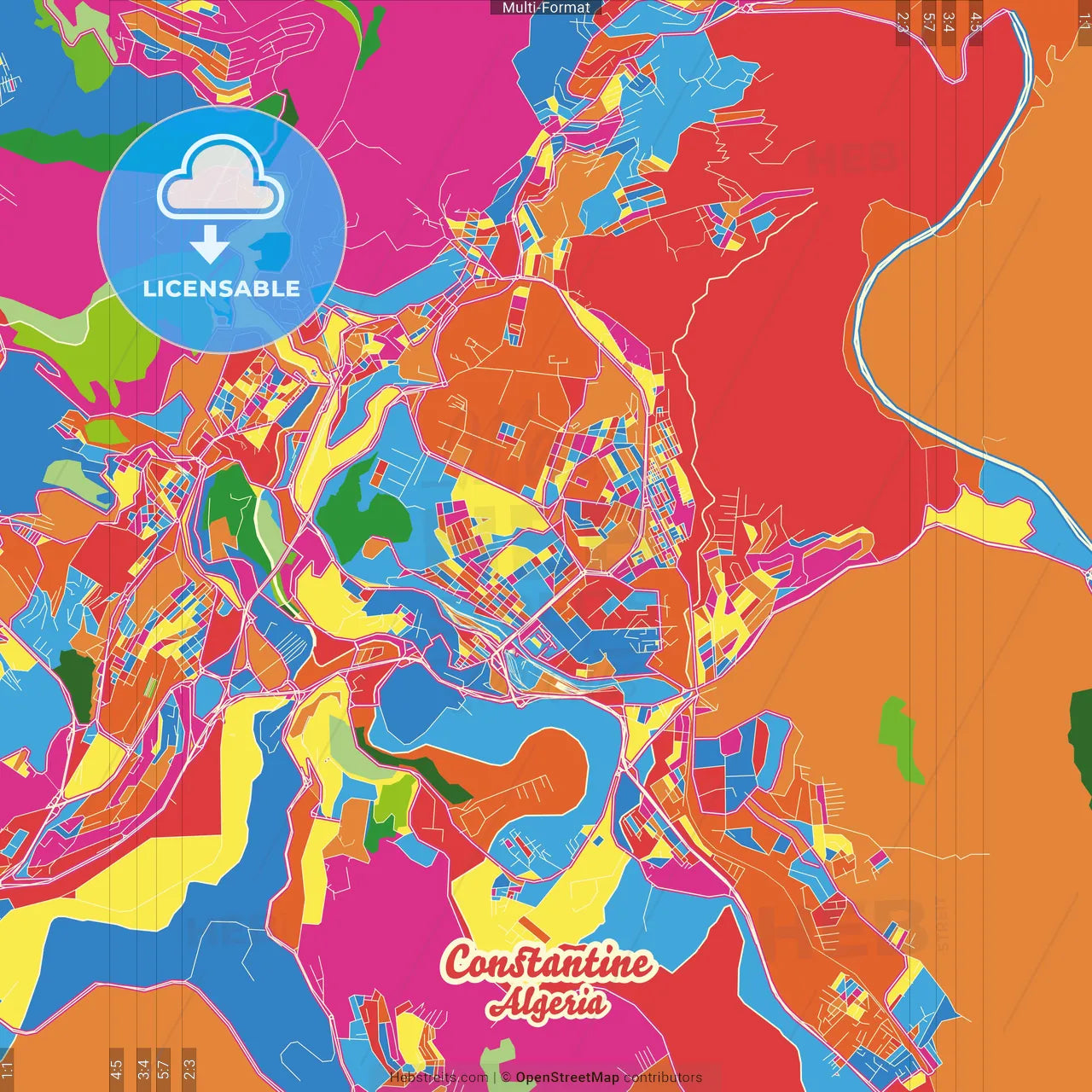 Constantine, Algeria Crazy Colorful Street Map Poster Template