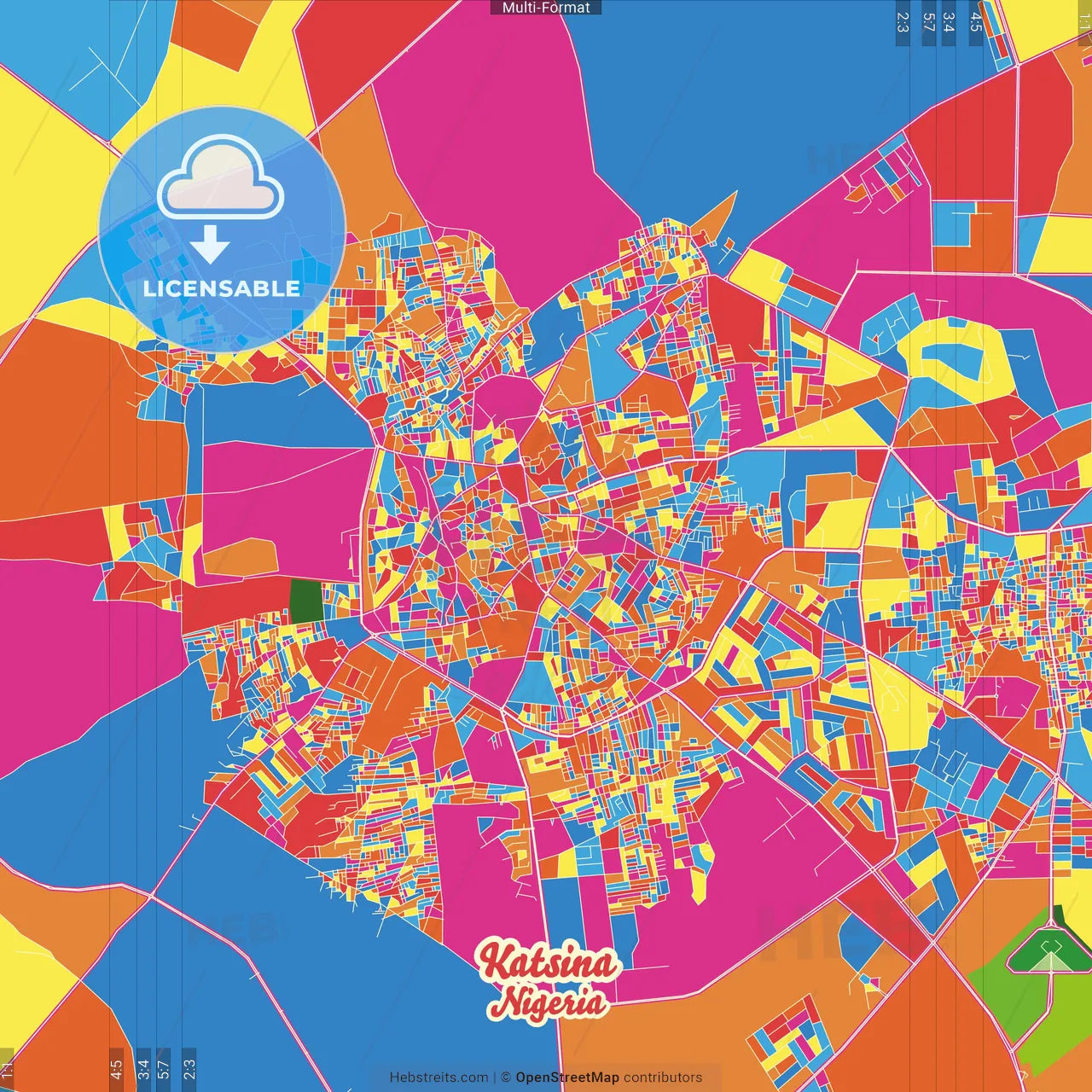 Katsina, Nigeria Crazy Colorful Street Map Poster Template