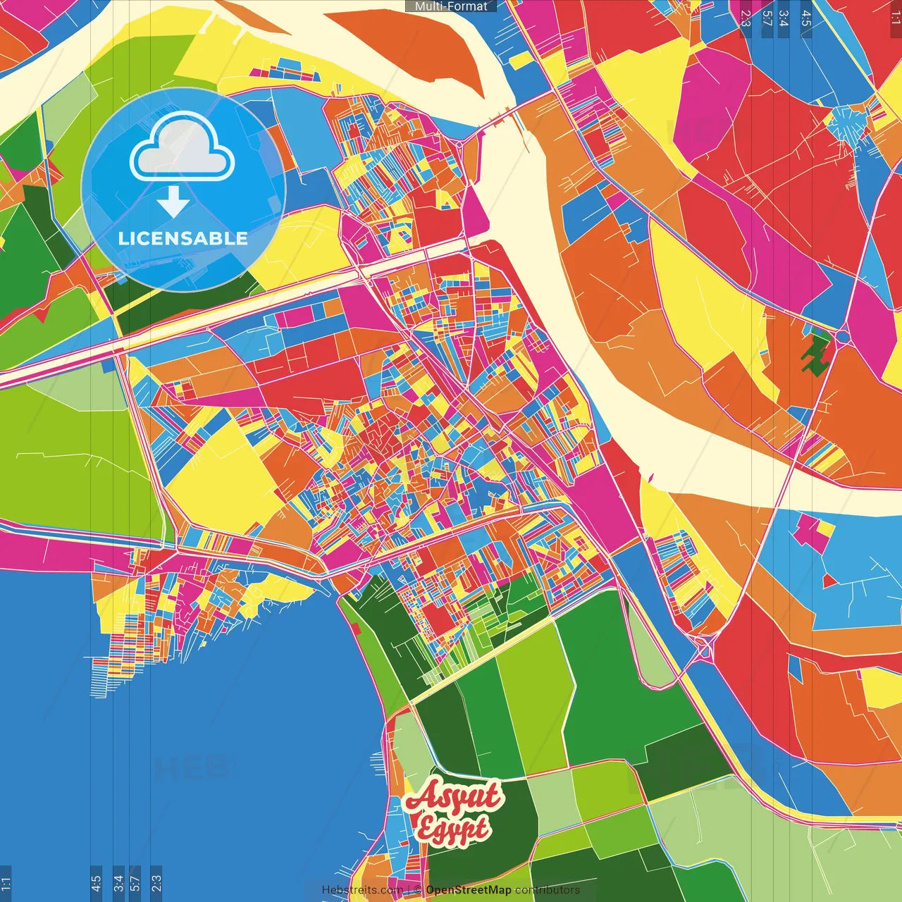 Asyut, Egypt Crazy Colorful Street Map Poster Template