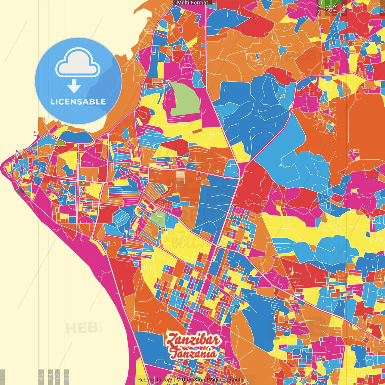 Zanzibar, Tanzania Crazy Colorful Street Map Poster Template