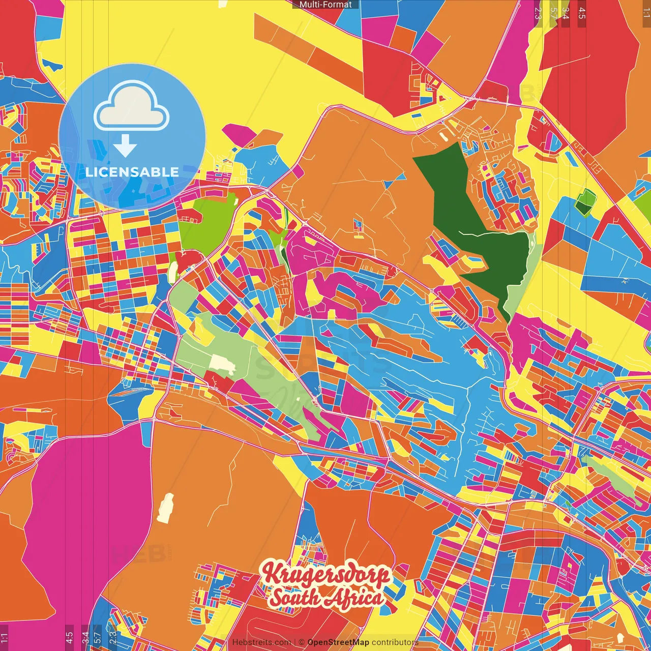 Krugersdorp, South Africa Crazy Colorful Street Map Poster Template