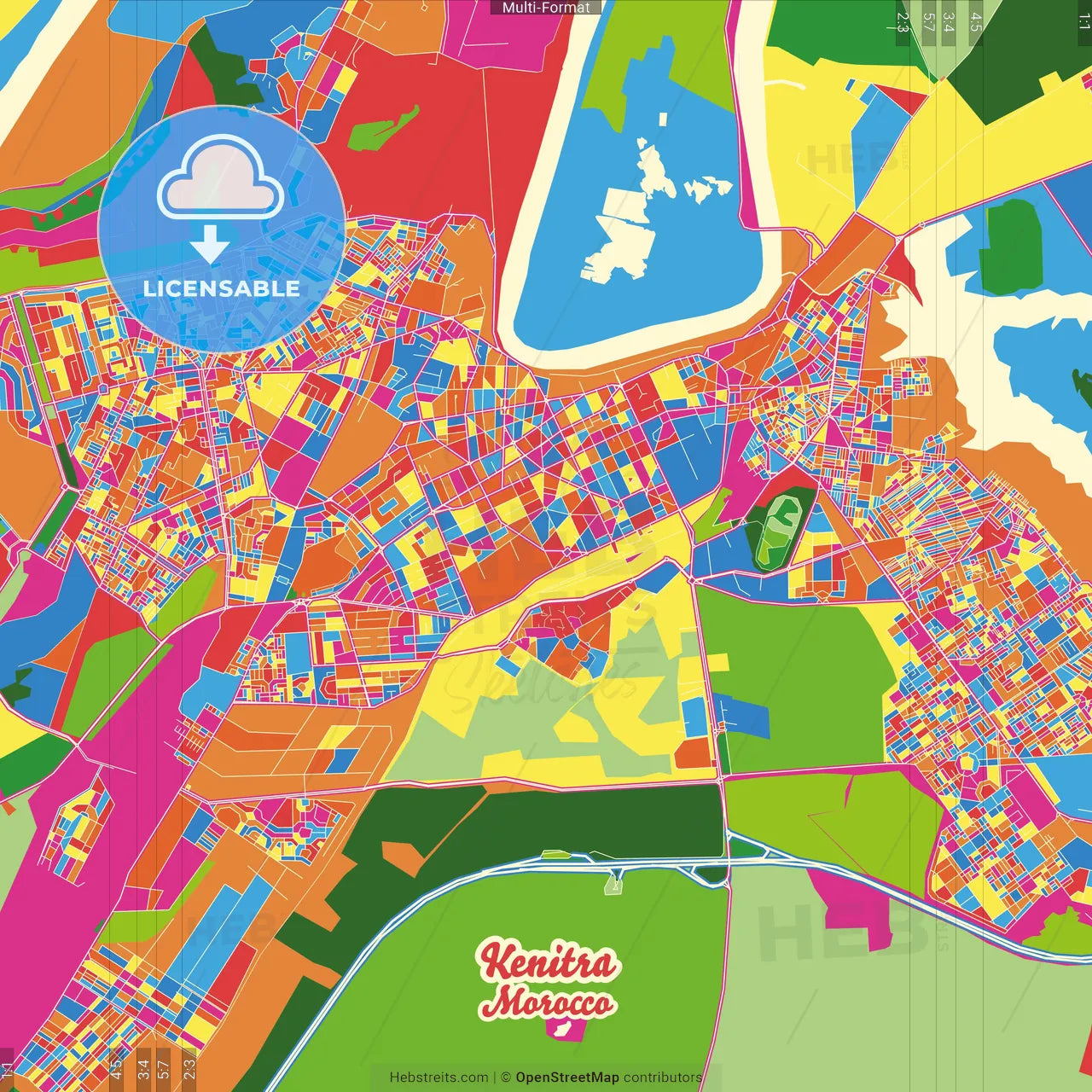 Kenitra, Morocco Crazy Colorful Street Map Poster Template