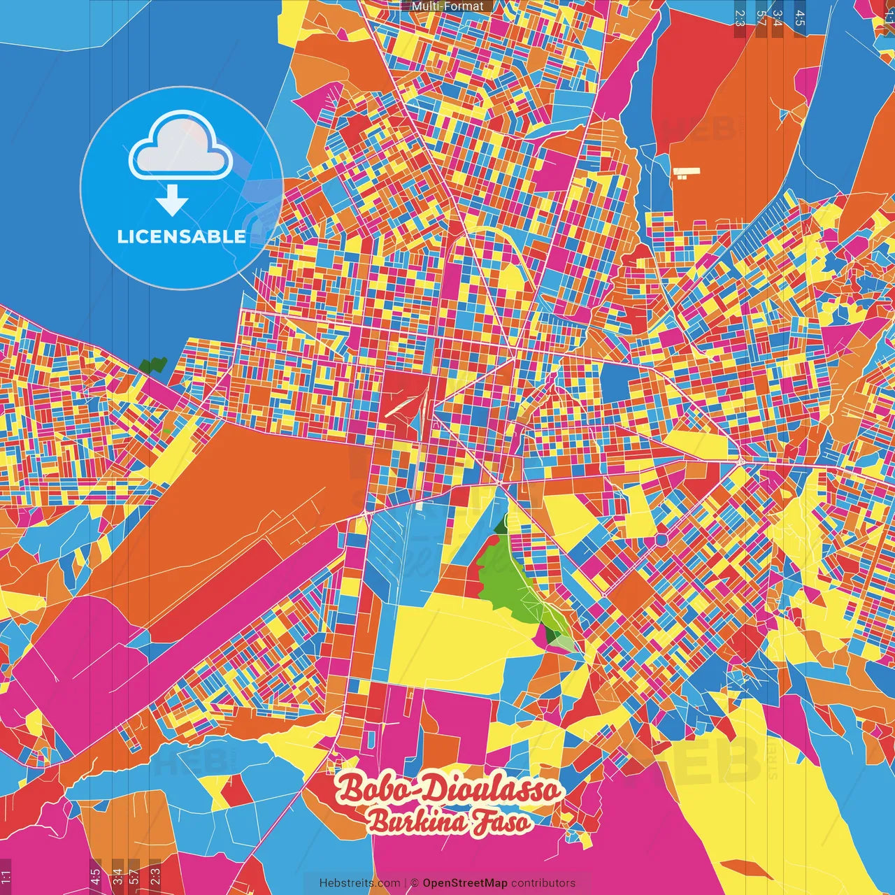 Bobo-Dioulasso, Burkina Faso Crazy Colorful Street Map Poster Template