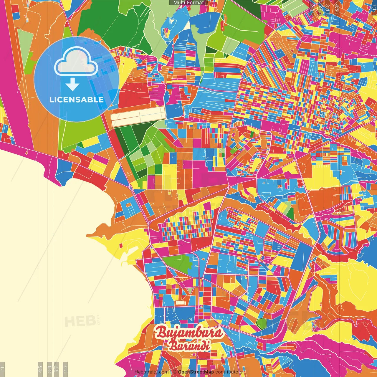 Bujumbura, Burundi Crazy Colorful Street Map Poster Template